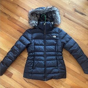 Women's Black Puffer Jacket with Faux Fur Hood